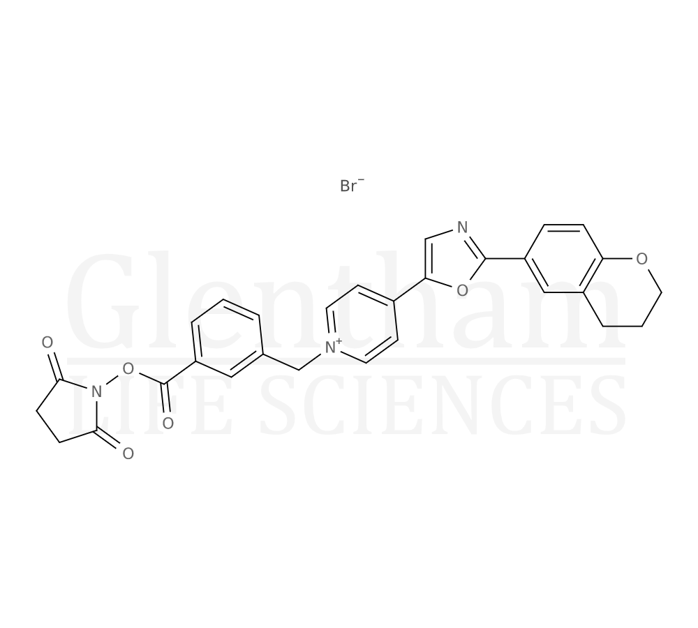 Structure for N-(3-Succinimidyloxy-carbonyl-phenyl)-methyl-4-(2-(6-(3,4-dihydro-2H-1-benzopyranyl))-5-oxazolyl)-pyridinium bromide